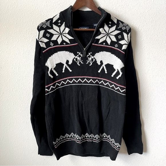 Chaps Other - Chaps Moose Winter Red Black Zip Up Sweater with Nordic Patterns